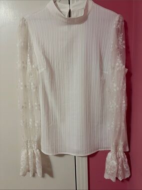 Sheer Lace Sleeve Mock Neck Blouse - White